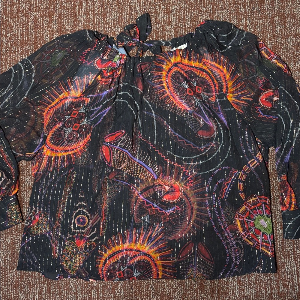 Marie Oliver silk blouse metallic off the shoulder boho loose fit long sleeve L